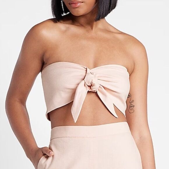 EXPRESS Linen-Blend Tie Front Bandeau Top / Crop Top in Pale Pink NWT (L + XL) - Picture 3 of 16